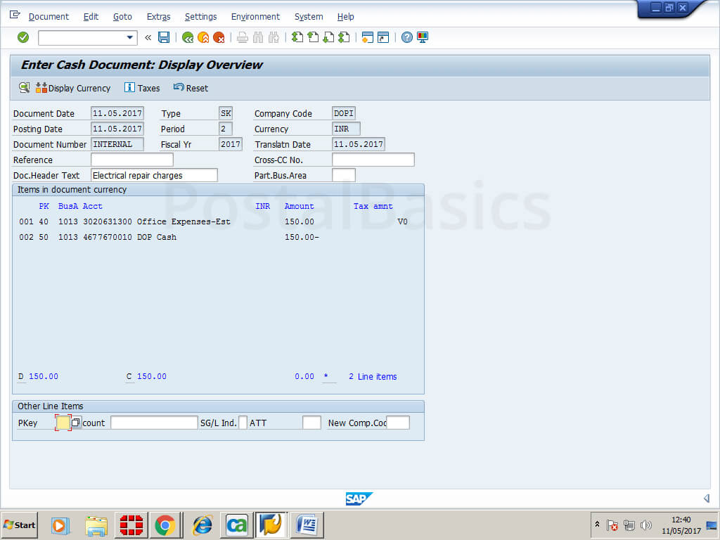 Cash conveyance or Office Expense in SAP Module of Post Office